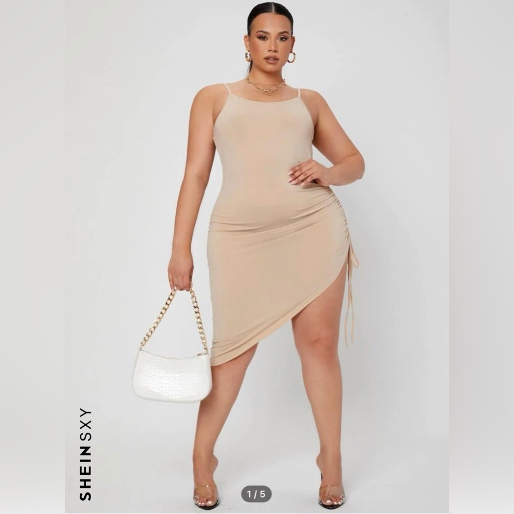 Sexy plus drawstring, asymmetrical hem body con Cami dress